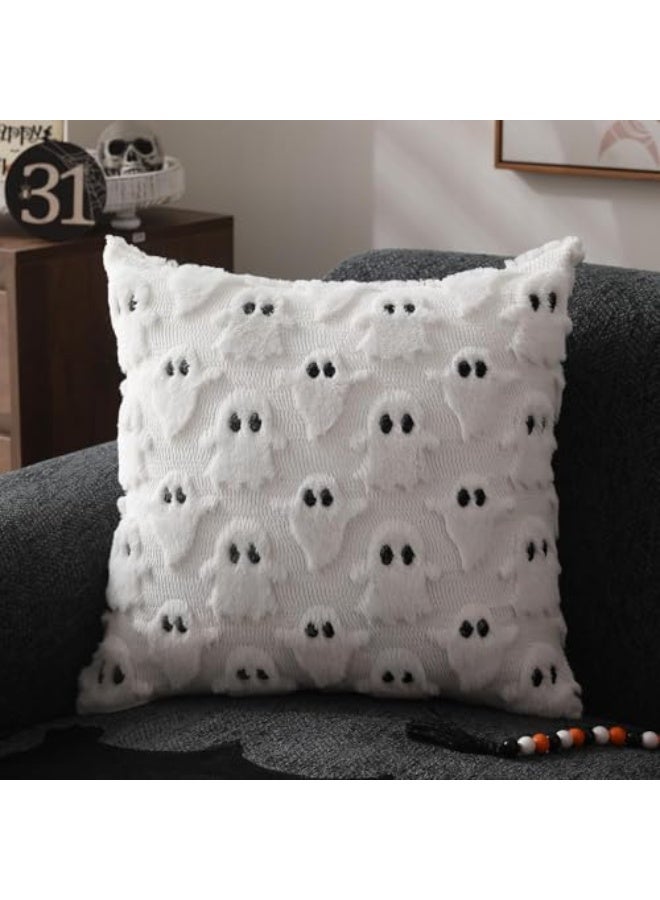 ChicAbode 2 Pcs Halloween Pillow Covers, 18x18 Inch White Ghost Throw Pillow Cases, Soft Plush Faux Fur Cushion Covers for Sofa Couch Chair Bedroom Living Room Home Decor - Image 2